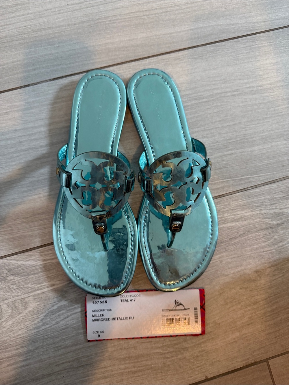 Tory Burch Miller Mirrored Metallic Sandal- Teal Color - Picture 3 of 6